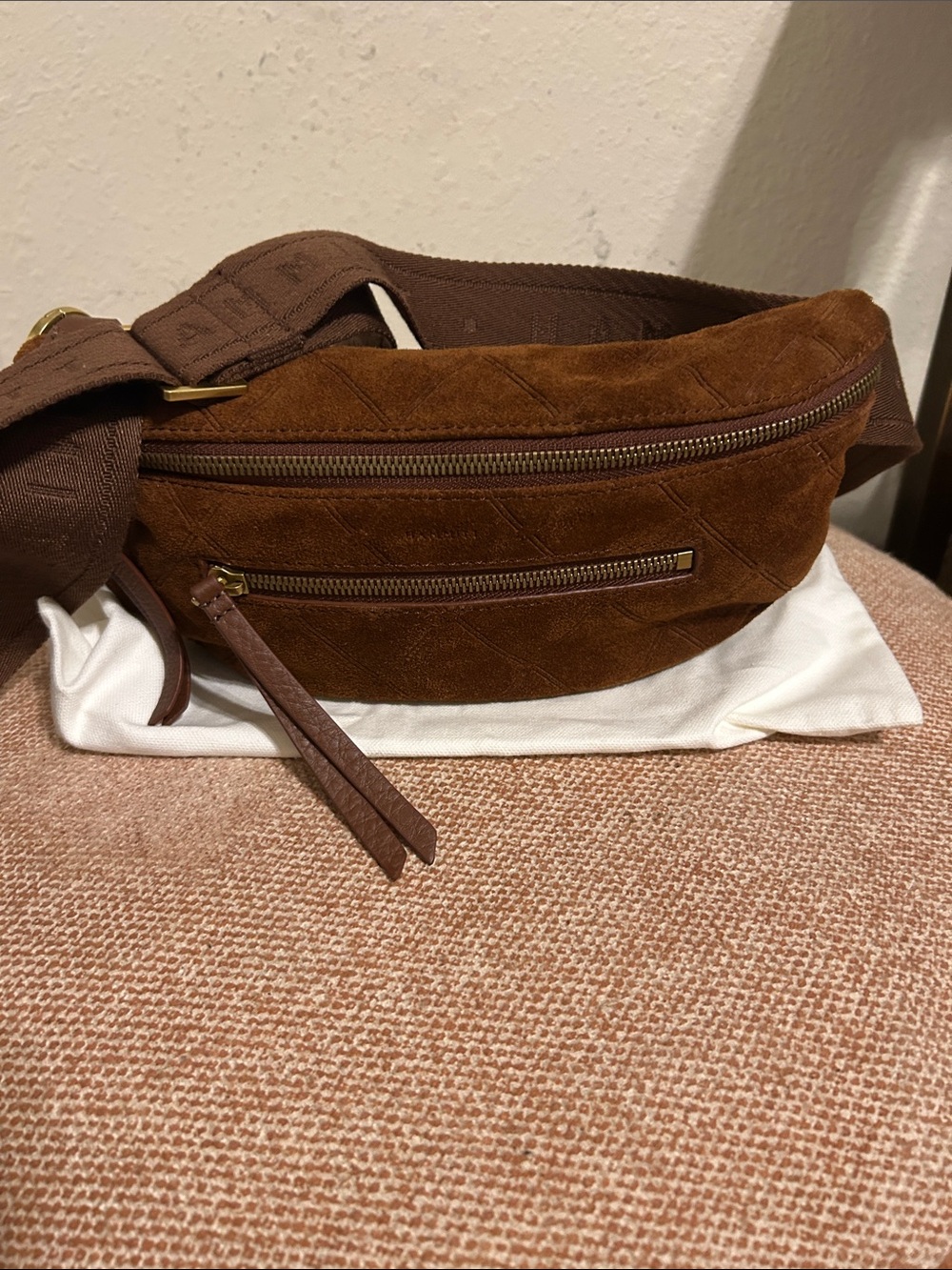 Hammitt Brown Suede Belt Bag with Quilted Stitching